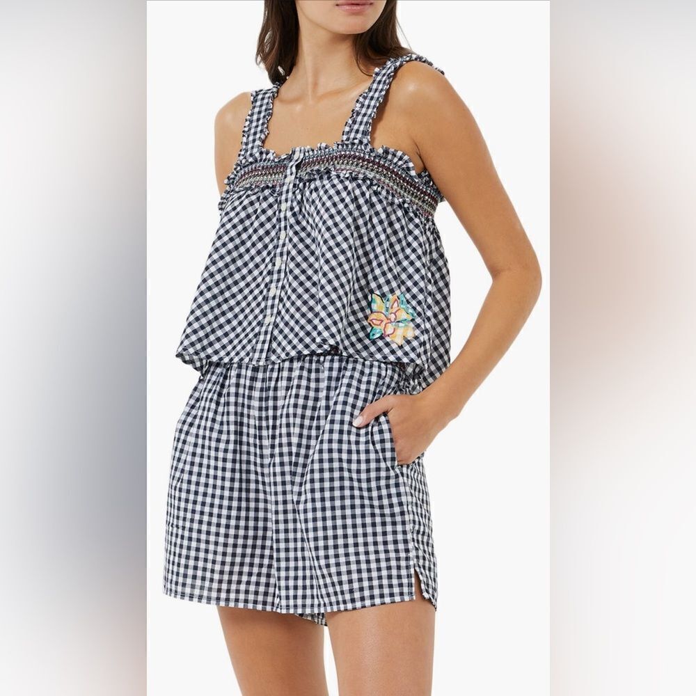 New Anthropologie French Connection Organic Cotton Adla Gingham Smocked Top Sz S